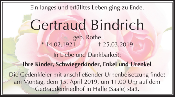 Traueranzeige von Gertraud Bindrich von Mitteldeutsche Zeitung