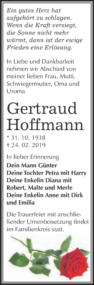 Traueranzeige von Gertraud Hoffmann von WVG - Wochenspiegel Wittenberg