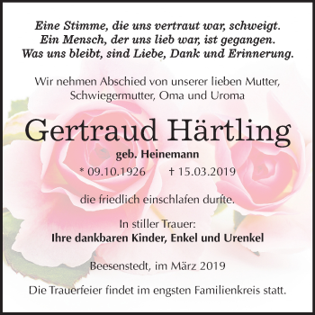 Traueranzeige von Gertraud Härtling von Mitteldeutsche Zeitung Halle/Saalkreis