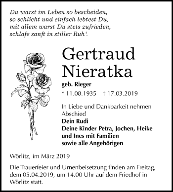 Traueranzeige von Gertraud Nieratka von Mitteldeutsche Zeitung