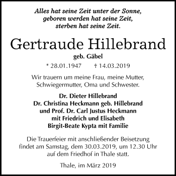 Traueranzeige von Gertraude Hillebrand von Mitteldeutsche Zeitung Quedlinburg