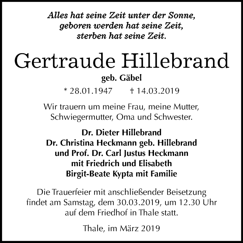  Traueranzeige für Gertraude Hillebrand vom 20.03.2019 aus Mitteldeutsche Zeitung Quedlinburg