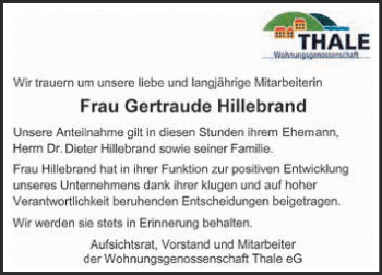 Traueranzeige von Gertraude Hillebrand von Super Sonntag Quedlinburg