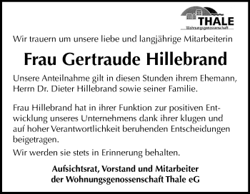 Traueranzeige von Gertraude Hillebrand von Mitteldeutsche Zeitung Quedlinburg