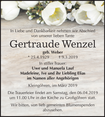 Traueranzeige von Gertraude Wenzel von Mitteldeutsche Zeitung Weißenfels