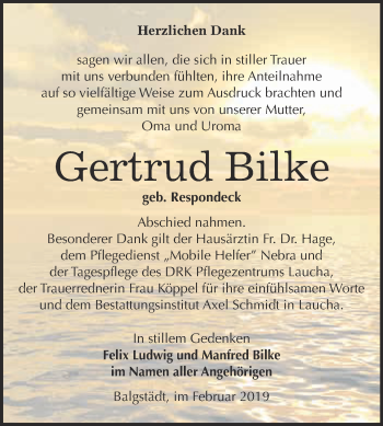 Traueranzeige von Gertrud Bilke von WVG - Wochenspiegel NMB / WSF / ZTZ