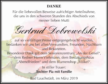Traueranzeige von Gertrud Dobrowolski von WVG - Wochenspiegel Merseburg