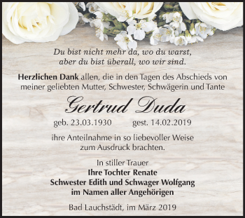 Traueranzeige von Gertrud Duda von Mitteldeutsche Zeitung Merseburg/Querfurt