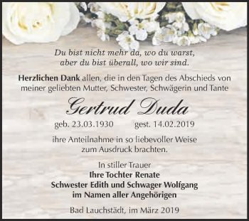 Traueranzeige von Gertrud Duda von Super Sonntag Merseburg