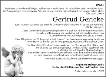 Traueranzeige von Gertrud Gericke von Mitteldeutsche Zeitung Aschersleben