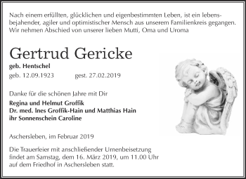 Traueranzeige von Gertrud Gericke von Super Sonntag Aschersleben