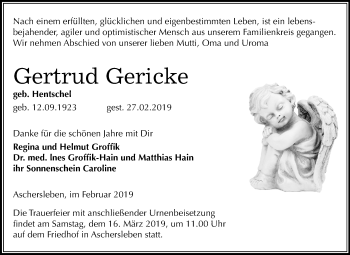 Traueranzeige von Gertrud Gericke von Mitteldeutsche Zeitung Aschersleben