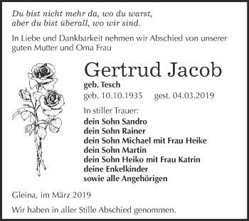 Traueranzeige von Gertrud Jacob von WVG - Wochenspiegel NMB / WSF / ZTZ