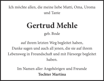 Traueranzeige von Gertrud Mehle von WVG - Wochenspiegel Dessau / Köthen