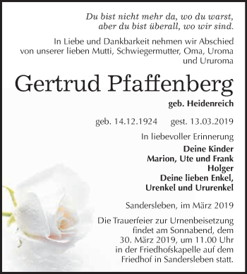 Traueranzeige von Gertrud Pfaffenberg von Super Sonntag SGH Mansf. Land