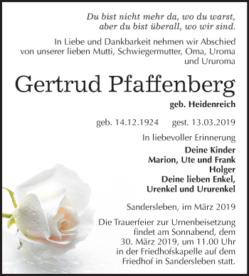 Traueranzeige von Gertrud Pfaffenberg von Mitteldeutsche Zeitung Mansfelder Land