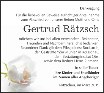 Traueranzeige von Gertrud Rätzsch von Super Sonntag Merseburg