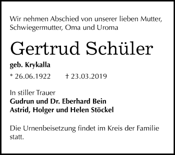 Traueranzeige von Gertrud Schüler von Mitteldeutsche Zeitung