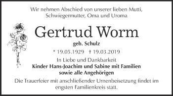 Traueranzeige von Gertrud Worm von WVG - Wochenspiegel Dessau / Köthen
