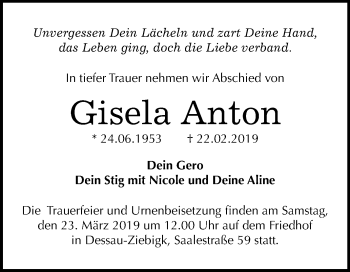 Traueranzeige von Gisela Anton von Mitteldeutsche Zeitung Dessau-Roßlau