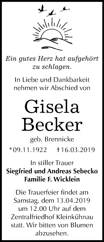Traueranzeige von Gisela Becker von Mitteldeutsche Zeitung Dessau-Roßlau