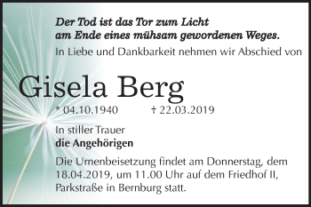 Traueranzeige von Gisela Berg von Mitteldeutsche Zeitung