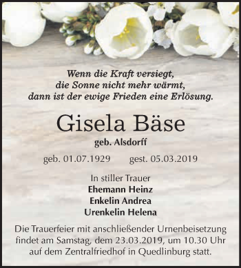 Traueranzeige von Gisela Bäse von WVG - Wochenspiegel Quedlinburg