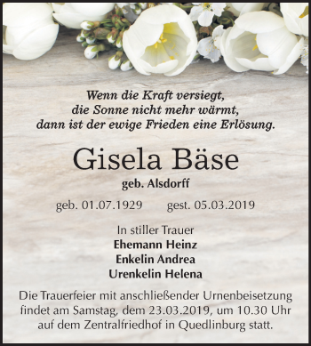 Traueranzeige von Gisela Bäse von Mitteldeutsche Zeitung