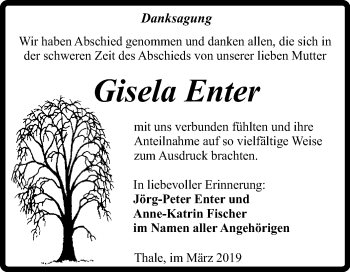 Traueranzeige von Gisela Enter von Super Sonntag Quedlinburg