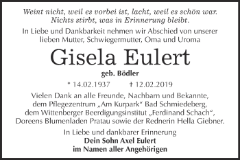 Traueranzeige von Gisela Eulert von Super Sonntag Wittenberg