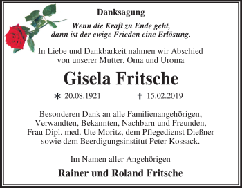Traueranzeige von Gisela Fritsche von Mitteldeutsche Zeitung Dessau-Roßlau
