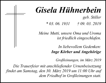 Traueranzeige von Gisela Hühnerbein von Mitteldeutsche Zeitung
