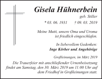 Traueranzeige von Gisela Hühnerbein von WVG - Wochenspiegel SGH