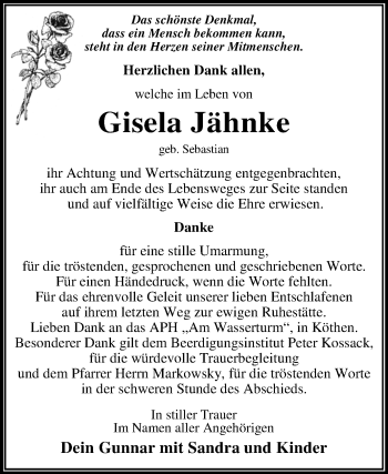 Traueranzeige von Gisela Jähnke von WVG - Wochenspiegel Dessau / Köthen