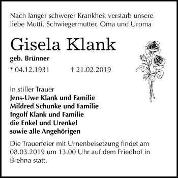 Traueranzeige von Gisela Klank von Mitteldeutsche Zeitung