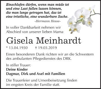 Traueranzeige von Gisela Meinhardt von Mitteldeutsche Zeitung