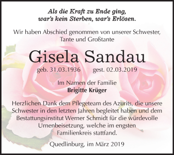 Traueranzeige von Gisela Sandau von Mitteldeutsche Zeitung