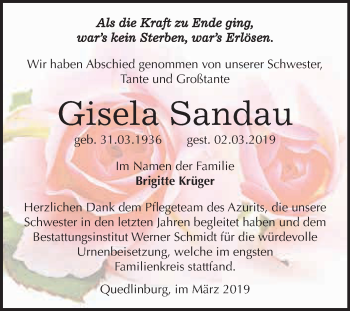 Traueranzeige von Gisela Sandau von WVG - Wochenspiegel Quedlinburg