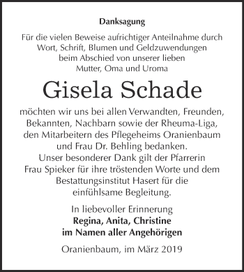 Traueranzeige von Gisela Schade von Super Sonntag Wittenberg