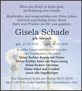 Traueranzeige von Gisela Schade von Super Sonntag Wittenberg