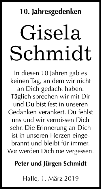 Traueranzeige von Gisela Schmidt von Mitteldeutsche Zeitung Halle/Saalkreis