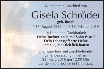 Traueranzeige von Gisela Schröder von Mitteldeutsche Zeitung Halle/Saalkreis