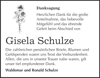 Traueranzeige von Gisela Schulze von WVG - Wochenspiegel Bitterfeld