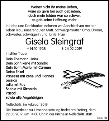 Traueranzeige von Gisela Steingraf von WVG - Wochenspiegel NMB / WSF / ZTZ