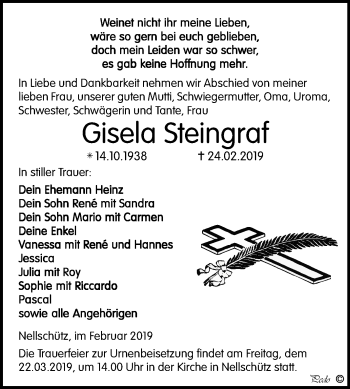 Traueranzeige von Gisela Steingraf von Mitteldeutsche Zeitung Weißenfels