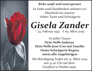 Traueranzeige von Gisela Zander von Mitteldeutsche Zeitung Bitterfeld