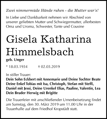 Traueranzeige von Gisela Katharina Himmelsbach von Mitteldeutsche Zeitung