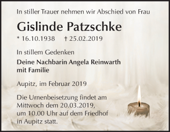 Traueranzeige von Gislinde Patzschke von Mitteldeutsche Zeitung Weißenfels