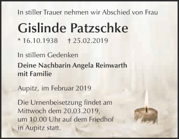 Traueranzeige von Gislinde Patzschke von WVG - Wochenspiegel NMB / WSF / ZTZ