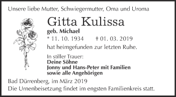 Traueranzeige von Gitta Kulissa von Super Sonntag Merseburg
